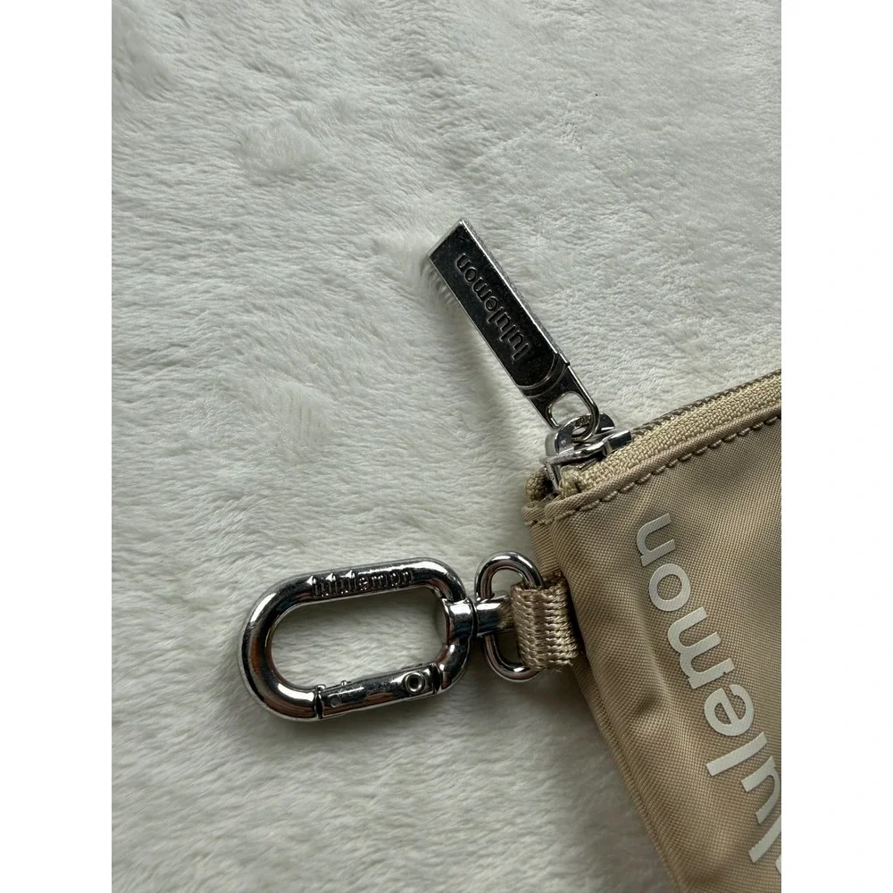 Lululemon Nano Pouch Tan Beige Keychain Coin Purse Wallet Mini Bag Silver Clip